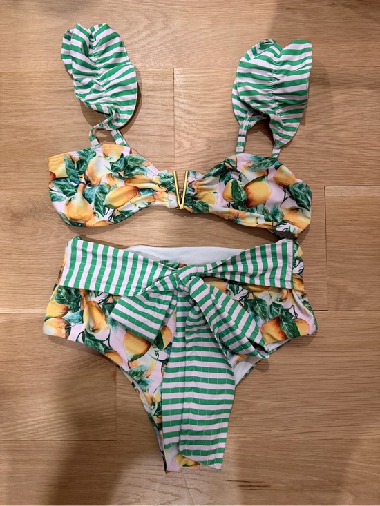 Other - Lemon Print High-Waisted Bikini Set Size M Ruffle Strap Swimwear